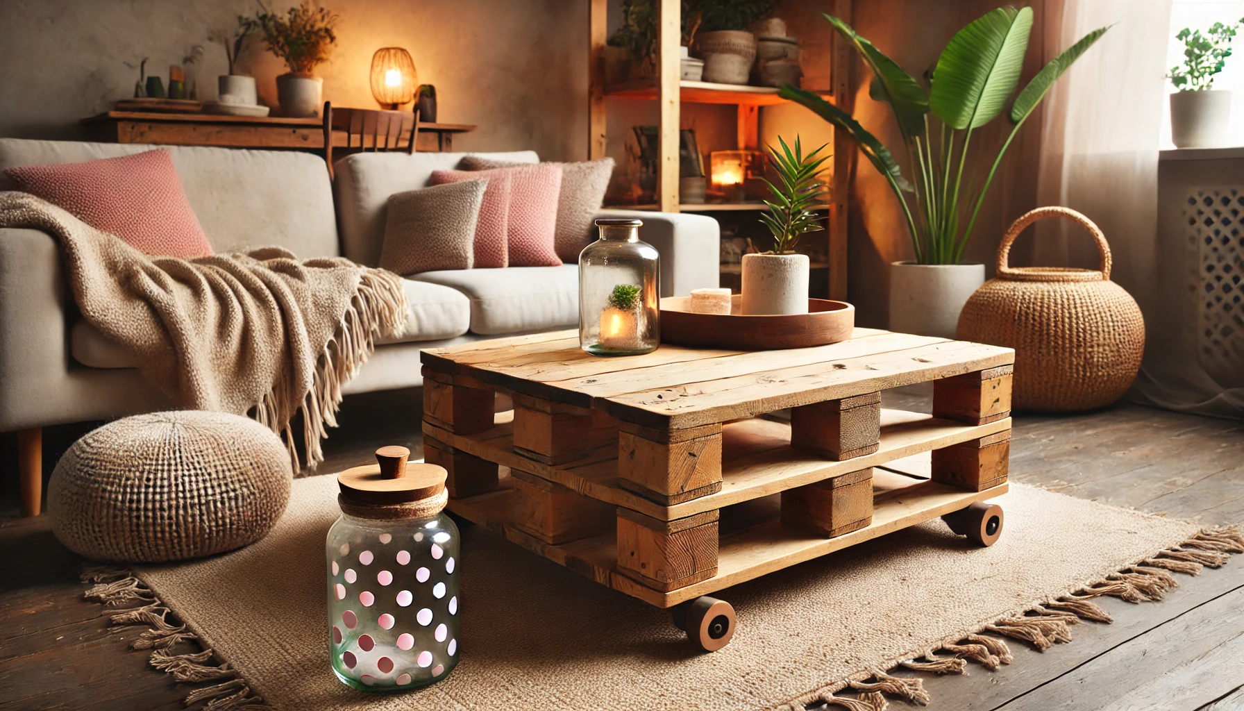 himmelen-DALL·E 2024-08-23 15.40.40 - A cozy living room setting featuring a DIY upcycled coffee table made from wooden pallets and a DIY upcycled glass jar with small pink polka dots. The